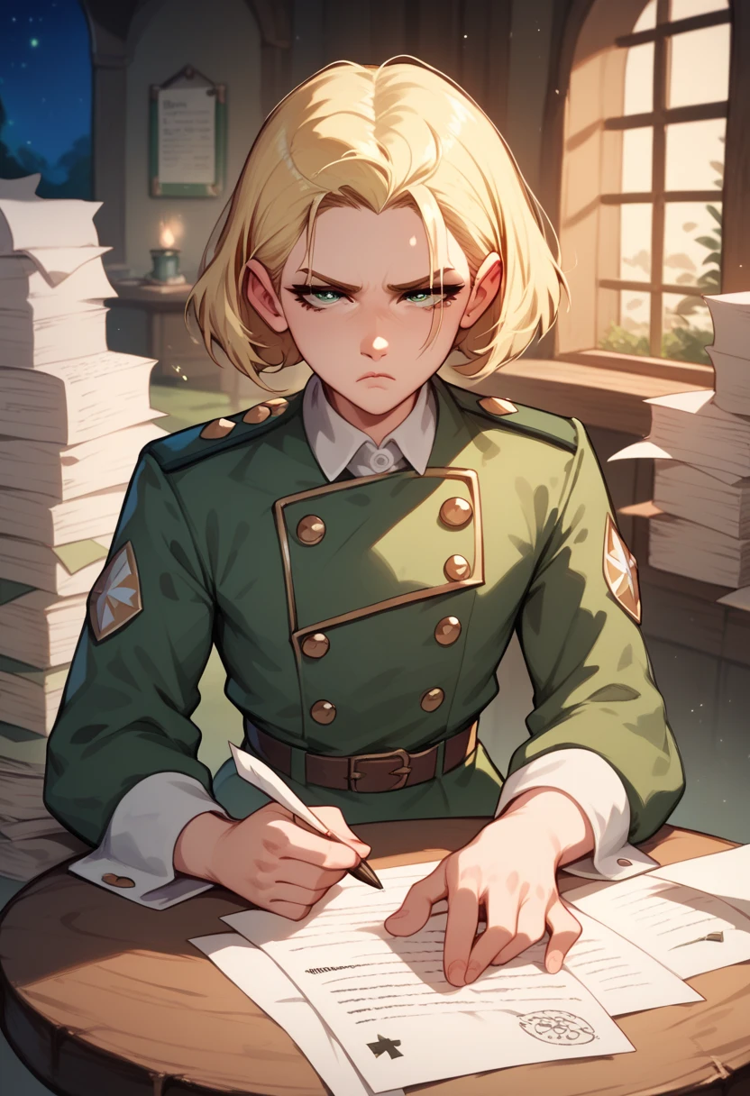 Femboy, blonde hair, old green huter uniform, straight kare hair, sitting, writing in papers, in hunter house, night, serious expression, tired expression, looking at papers 