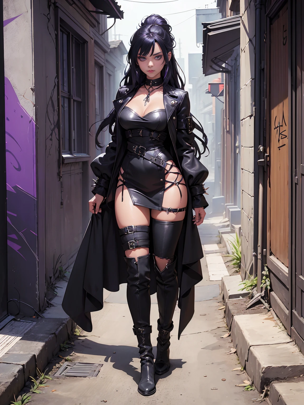 A striking young woman with a gothic, artistic aura, standing in a dimly lit urban alley. She has long, straight black hair cascading down her back and piercing violet eyes that glimmer with quiet intensity. Her lips are painted a dark purple, and her all-black outfit features a fitted leather jacket, ripped jeans, and heavy boots adorned with silver buckles. Gothic accessories, including layered silver chains, spiked bracelets, and rings with intricate designs, add to her edgy look. The faint glow of moonlight highlights her silhouette, casting sharp shadows on the graffiti-covered walls around her. Her posture is confident but guarded, hinting at her introspective and emotionally scarred personality. The alley exudes an artistic vibe with vibrant murals, scattered sketches, and a faint haze of mystery in the air.