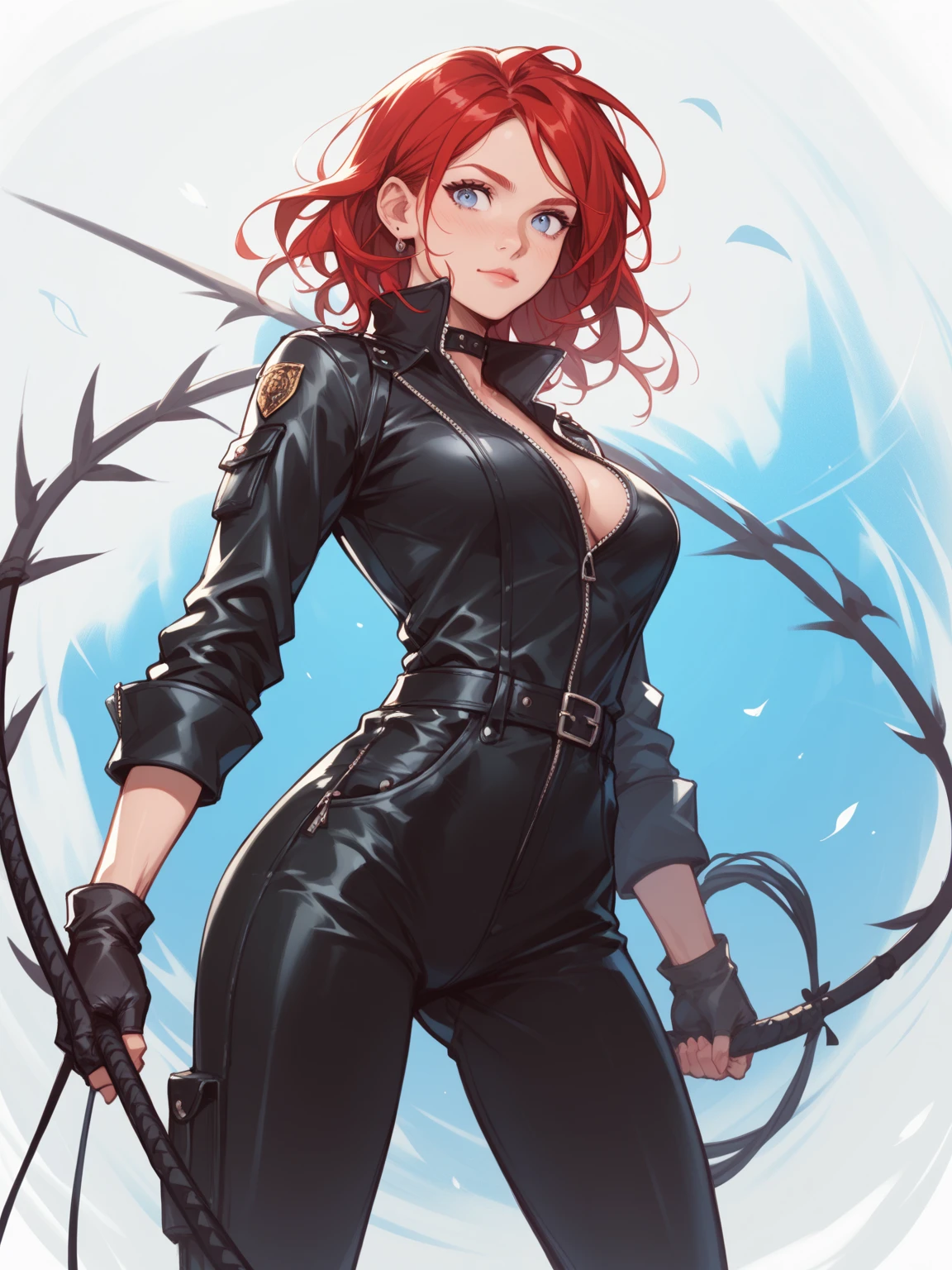 (highest resolution, clear_image) highest quality, a female's masterpiece, very detailed, semi-realistic,(most of the body), (highest quality, masterpiece, Super realistic),deep red hair, wolf cut, Torn black bangs, open jacket, shadows on the eyes, short hair, wolf cutの髪, green and blue stripes in hair, Eyes down, gone crazy, have, look up, cowboy view,intimidating pose、The whole body from head to foot、Powerful atmosphere、sharp eyes、cool beauty、walk with authority、suit、lift your hair with one hand、empress、adult dignity、Queen、胸元の開いたsuit、黒いドレスsuit、black pants、
