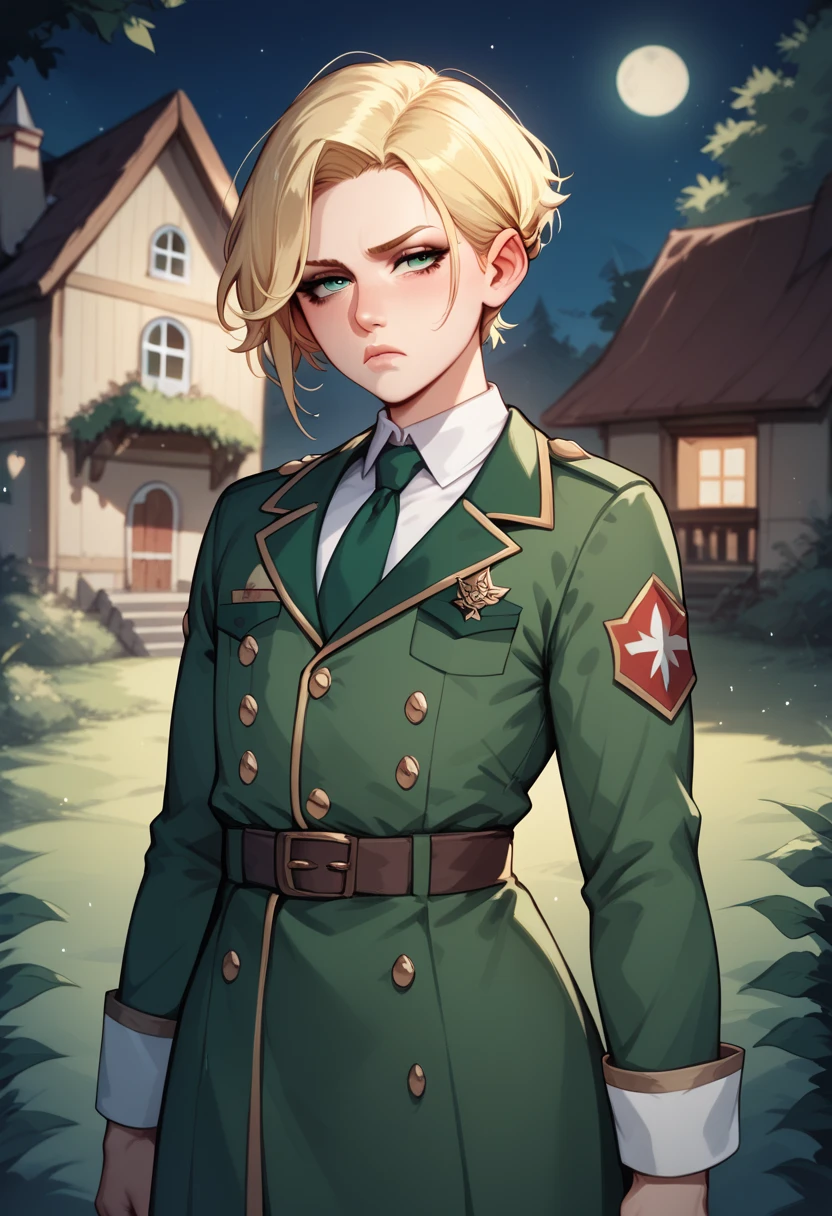 Femboy, blonde hair, old green huter uniform, straight kare hair, standing straight, in hunter house, night, serious expression, tired expression, 