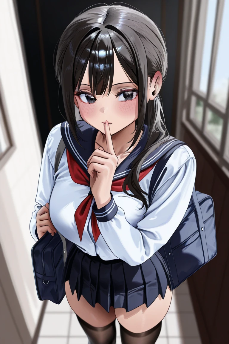 female anime character, 175cm tall, 60kg in weight, wearing high school uniform, long black hair, black eyes,squeezing her school bag ,ideal body, with short skirt and stockings,white shirt,and Chigusa fidgeted nervously, her fingers playing with the hem of her skirt.