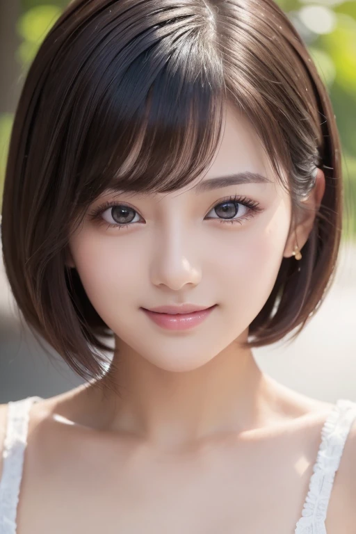 masterpiece,  top quality ,  illustration,  Ultra Details,  Finely Details,  high res, 8k wallpaper,  perfect dynamic configuration,  beautiful detailed eyes,  Womens Fashion Summer , short bob hair, Small Breasts Natural Colored Lips,  bold sexy pose,smile,Harajuku、 20 year old girl 、 cute、 sexy shot staring at camera