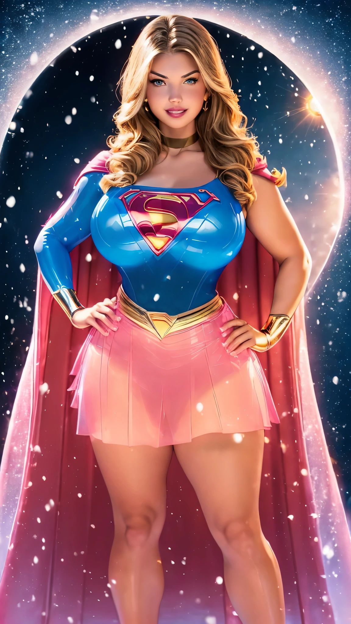 donnatroy, DisneyAurora, Beautiful woman (((Anne Hathaway:Kate Upton:0.9))) (((shoulder length wavy caramel blonde hair, hair pulled back with bangs))) defined body, sexy, Red lipstick, hands free, mouth slightly open, smiling, standing facing camera, ((( blue translucent top of SUPERGIRL, blue translucent top of SUPERGIRL, blue translucent top of SUPERGIRL, gold belt, pink translucent short skirt, flowing translucent pink cape ))) (((moonlit snow covered field))) (large_breasts:1.2) (curvy:1.4) (chubby:1.1)