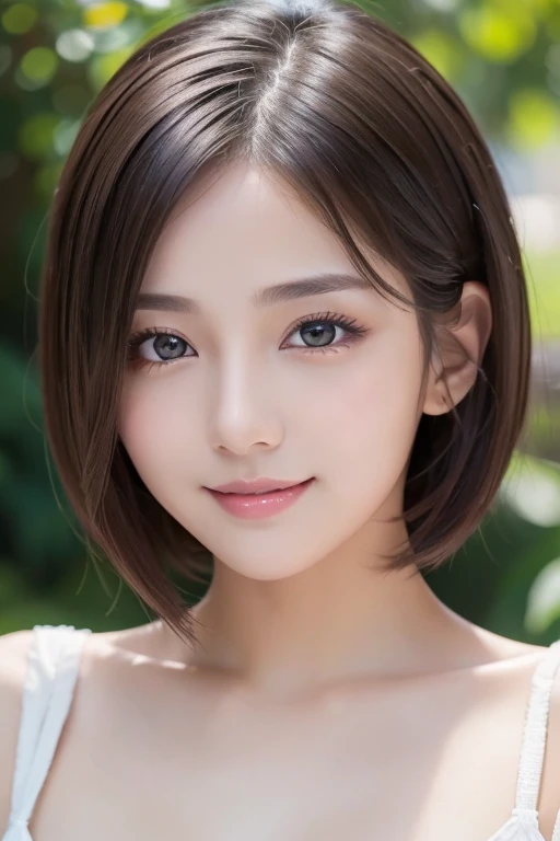 masterpiece,  top quality ,  illustration,  Ultra Details,  Finely Details,  high res, 8k wallpaper,  perfect dynamic configuration,  beautiful detailed eyes,  Womens Fashion Summer , short bob hair, Small Breasts Natural Colored Lips,  bold sexy pose,smile,Harajuku、 20 year old girl 、 cute、 sexy shot staring at camera