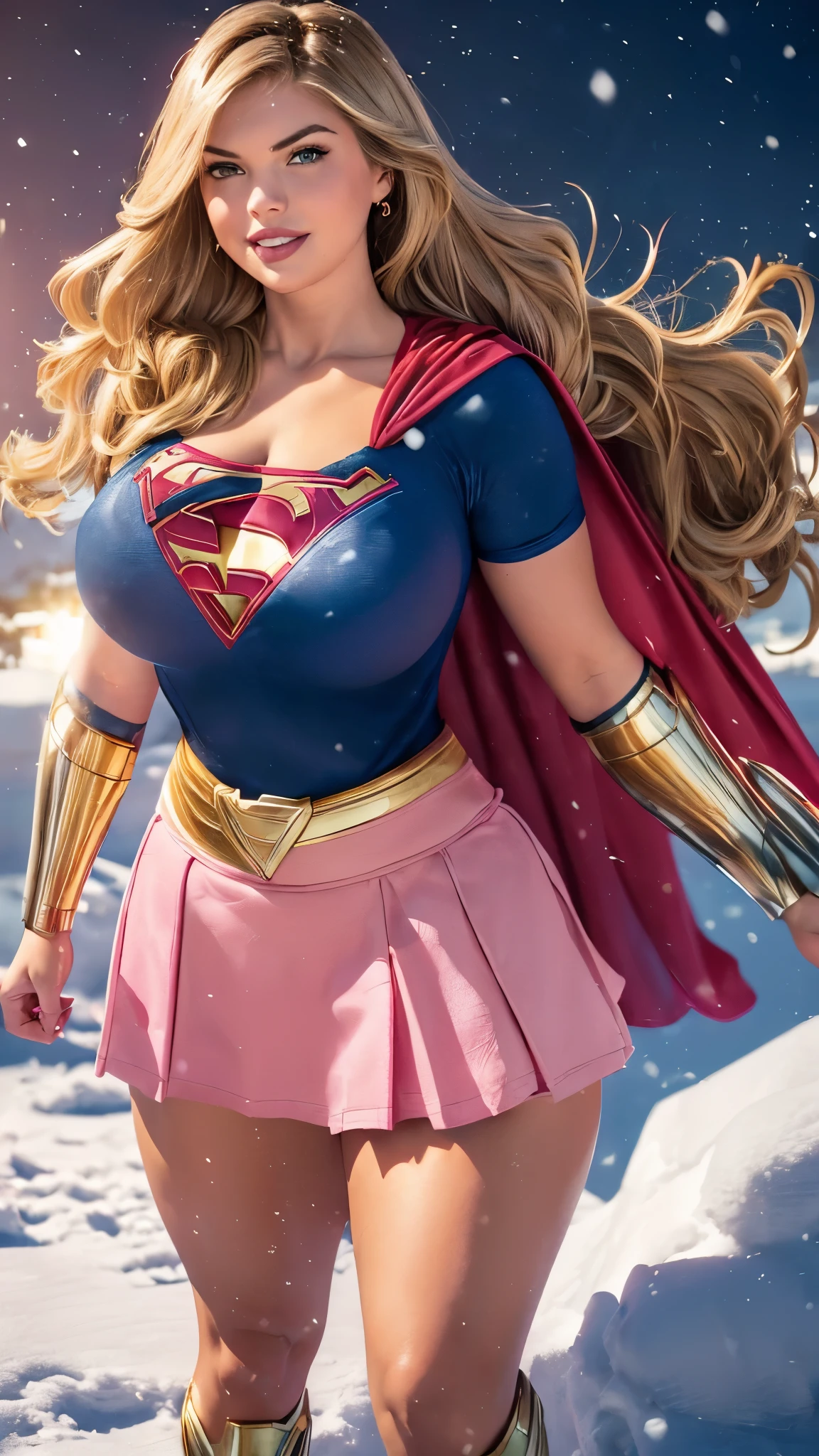 donnatroy, DisneyAurora, Beautiful woman (((Anne Hathaway:Kate Upton:0.9))) (((shoulder length wavy caramel blonde hair, hair pulled back with bangs))) defined body, voluptuous, curvy, thick, sexy, Red lipstick, hands free, mouth slightly open, smiling, standing facing camera, ((( blue top of SUPERGIRL, blue top of SUPERGIRL, blue top of SUPERGIRL, gold belt, pink short skirt, flowing pink cape ))) (((moonlit snow covered field))) (large_breasts:1.2) (curvy:1.4) (chubby:1.1)