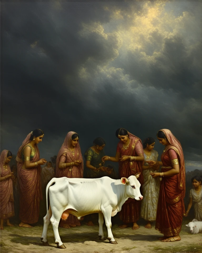 (masterpiece: 1.2), tiny rural villagers of all age, gathering with ren and white calf, stormy clouds swirling above, oil painting by artist Raja Ravi Varma, fine brush strokes, vibrant earthy tones with contrasting golden highlights, a dramatic yet harmonious composition.