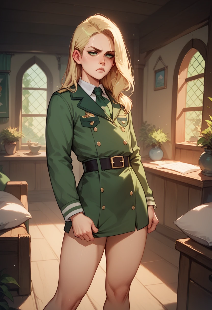 Femboy, blonde hair, old green huter uniform, straight kare hair, standing straight, in hunter house, night, serious expression, tired expression, in living room 