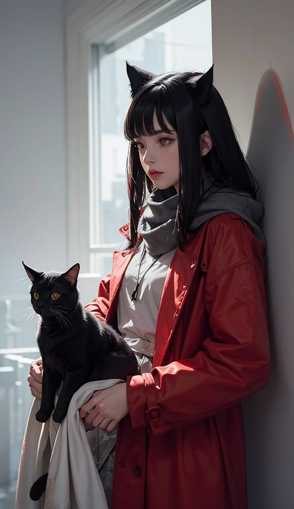 dark atmosphere, photo artistic angle shot, intricate, sketch draw style, pastel tones, pale, (painting finishing), foggy, high tech, high relief, abstract photography arrangement, organic, graphic design, stamp, dark, shadows, shape woman with red trench coat, and a cat with yellow scarf