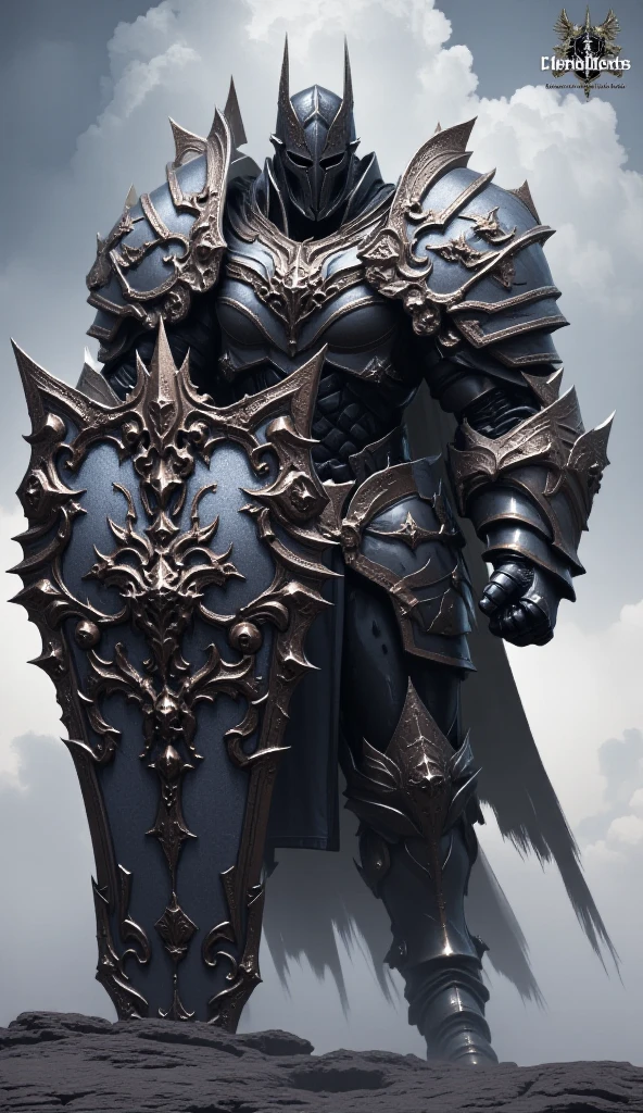 A full-body image of a muscular adult male knight clad in heavy, full-body metal armor, including a fully enclosed helmet with a visor. He wields a massive, square-shaped shield, intricately designed with battle-worn textures and metallic accents, exuding strength and resilience. The armor reflects light dramatically, highlighting its detailed craftsmanship. He stands boldly on a rugged battlefield, surrounded by a misty, medieval landscape with faint rays of sunlight breaking through the clouds. The composition emphasizes his imposing presence, with his cape flowing in the wind and a sense of readiness for combat. The scene captures the grandeur and intensity of a fantasy-inspired knight, blending realism with epic storytelling.,warrior,soldier