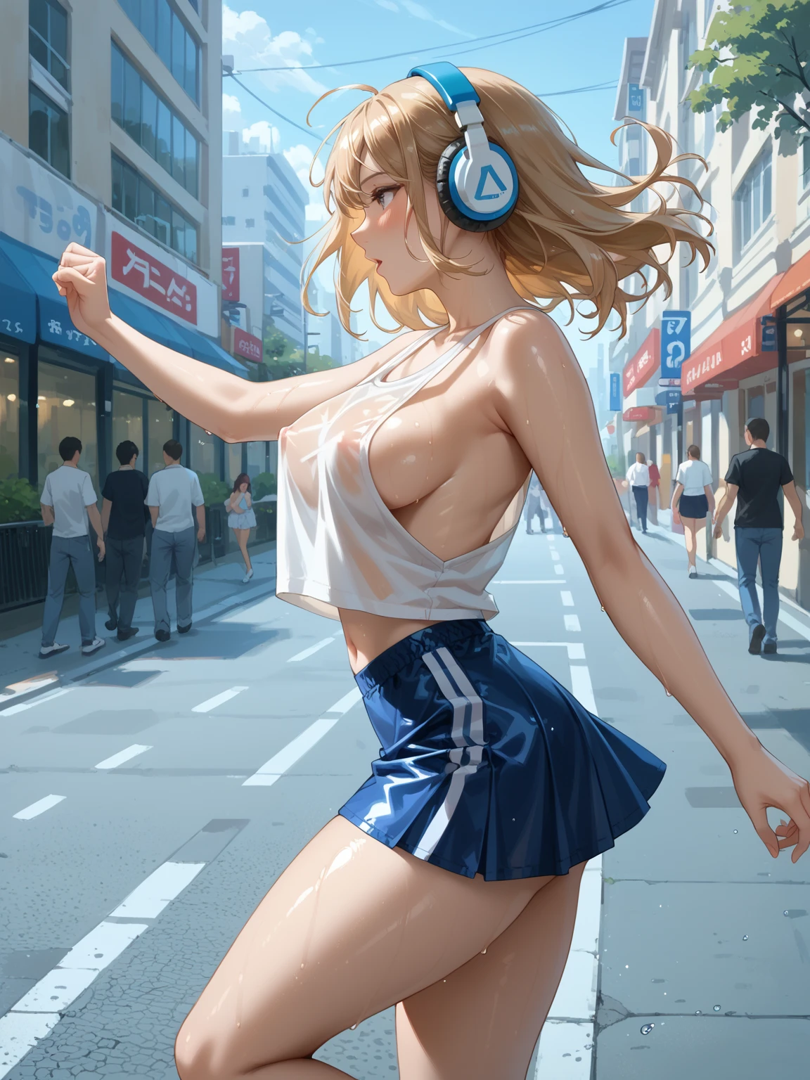 Covered nipples, headphones , ((sideboob revealing)), Sideboob, armhole, from the side, Nipslip, ((oiled ultra_loose tanktop)), ultra micro skirts, white panty, Being in the hustle and bustle of the city, blush, Thigh thighs, wet body, heavy breath, strembling, embrassed , city backgrounds, outdoors, navel, fast running, (((focus on her breast bouncing)))