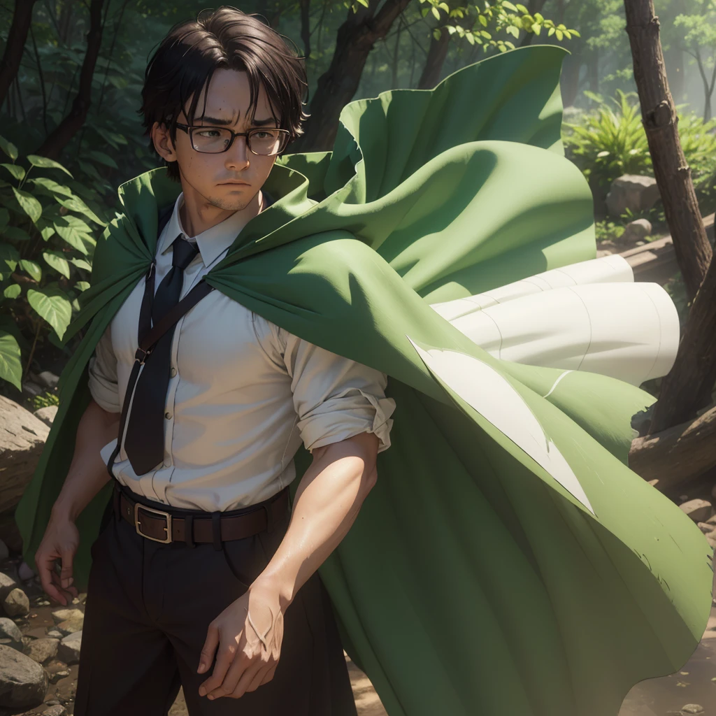 Boy、、brown shorts、big round glasses、adventurer、、、、head down、lose、guilty、despondency、sad、repression、guilt、betrayal、chill、hurt、make up for、forgive、rounded glasses、green cape、full body、brown coat、white shirt、green tie、brown shorts、black boots、dynamic pose、1 person、splash art、exterior background、natural lighting、moody atmosphere、forest environment、realistic proportions、messy hair、subtle tear streaks、soft facial shadows、slightly flushed cheeks、visible emotion、conflicted expression、like features、fine texture on clothing、movement in the cape、dusty boots、intricate detailing on fabric、slight wind effect、focused composition、rich color depth、high contrast shading、detailed foliage backdrop、emotive storytelling pose、immersive perspective、slight tilt in head、downtrodden gaze、small hands、ish innocence. green cape, rich dark green fabric, slightly worn with frayed edges, tattered in places, flowing dramatically in the wind, draped over the shoulders, deep green shade, natural folds and creases, subtle light reflecting off the fabric, heavily textured fabric with slight distressed marks, slightly faded in some areas, vibrant green base color, shading near the edges, green hue consistent with natural lighting, creases showing movement, worn and weathered look, shadowing under the cape for added depth, natural fabric texture visible, ruffled and loose in motion, green tones blending with atmospheric lighting. 