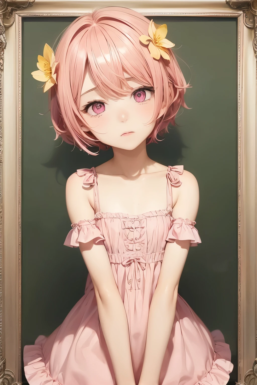 Femboy, otoko no ko, pink hair, short hair, flat chest, sexy body, cute face, Shy face, pink eyes, frilled dress, short dress, yellow dress, Lily flower background frame