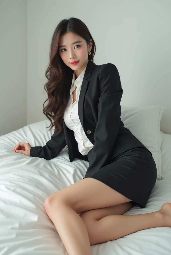 (8K), (Highest quality: 1.2), (Realistic), (Realistic: 1.37), Ultra-high resolution, 1 Girl, cute, smile, Mouth closed, Beautiful details, Beautiful Nose, Wet Hair, Giant Dulcefo, pork, Thighs,Self Snap,University Uniforms,A simple blazer,Pleated skirt,(Opaque black thigh-high socks),Sit on the bed, (From above),(From the side)
