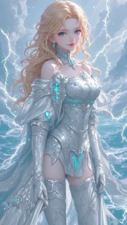 4K anime style quality, digital drawing mode, a cunning knight with flowing orange hair tied in a loose braid, bright blue eyes, and a confident smirk. She wears silver and aqua armor with storm cloud motifs, a short skirt revealing armored thigh-high boots, and wields a long spear crackling with lightning. Standing on a cliffside overlooking a raging ocean, her pose exudes a commanding presence. Full body, dynamic pose, stormy lighting, intricate armor detailing, full HD, 4K, HDR, depth of field.