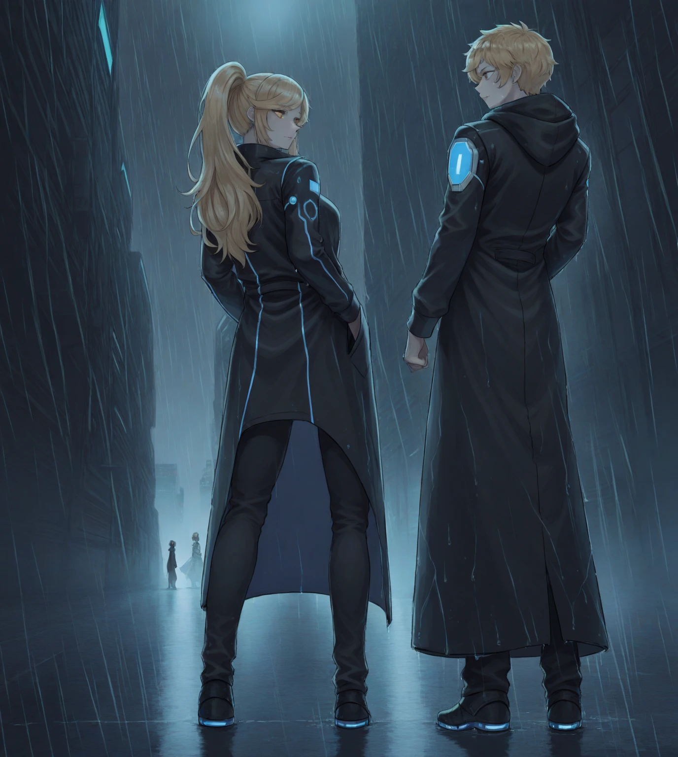 Cat-eared, blond, tall, neutral, futuristic sci-fi style with blue lines based on black, black hooded long coat, long pants, standing alone in the rain