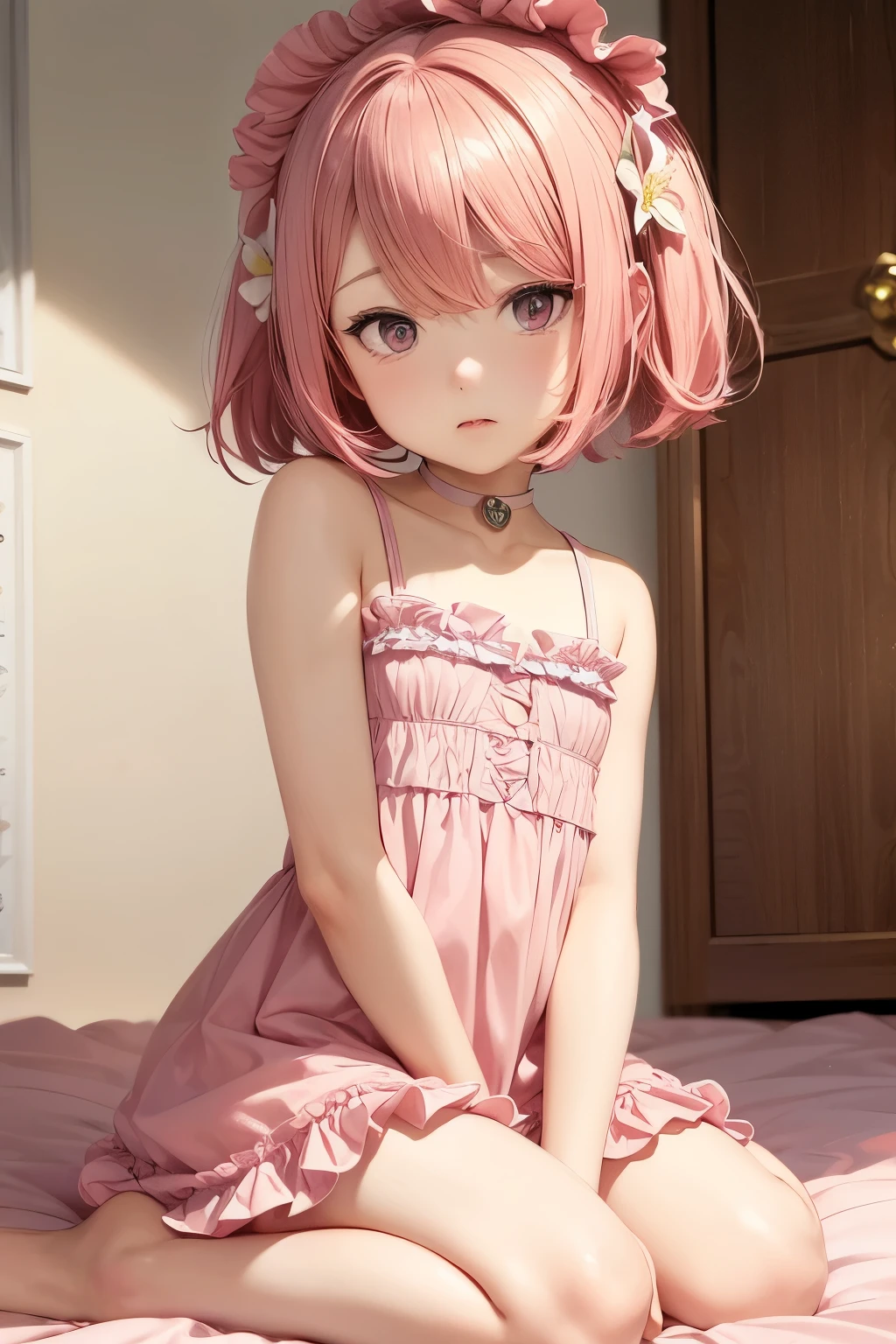 Femboy, otoko no ko, pink hair, short hair, flat chest, sexy body, cute face, Shy face, pink eyes, frilled dress, short dress, yellow dress, Lily flower background frame 
