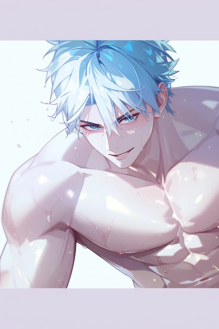 male adult,shirtless with abs,gym background,white hair,blue eyes,sweating,muscular