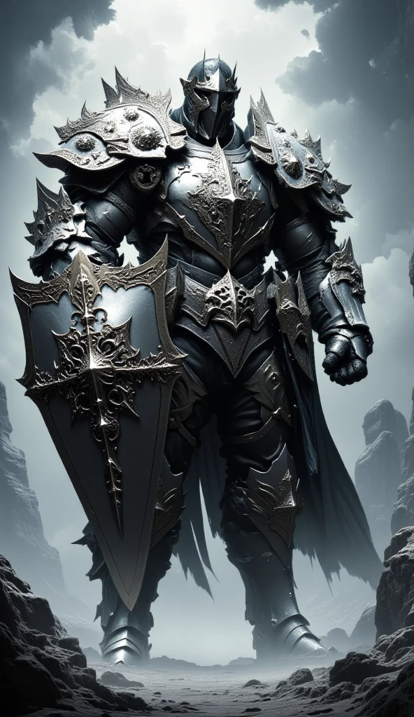 A full-body image of a muscular adult male knight clad in heavy, full-body metal armor, including a fully enclosed helmet with a visor. He wields a massive, square-shaped shield, intricately designed with battle-worn textures and metallic accents, exuding strength and resilience. The armor reflects light dramatically, highlighting its detailed craftsmanship. He stands boldly on a rugged battlefield, surrounded by a misty, medieval landscape with faint rays of sunlight breaking through the clouds. The composition emphasizes his imposing presence, with his cape flowing in the wind and a sense of readiness for combat. The scene captures the grandeur and intensity of a fantasy-inspired knight, blending realism with epic storytelling.,warrior,soldier