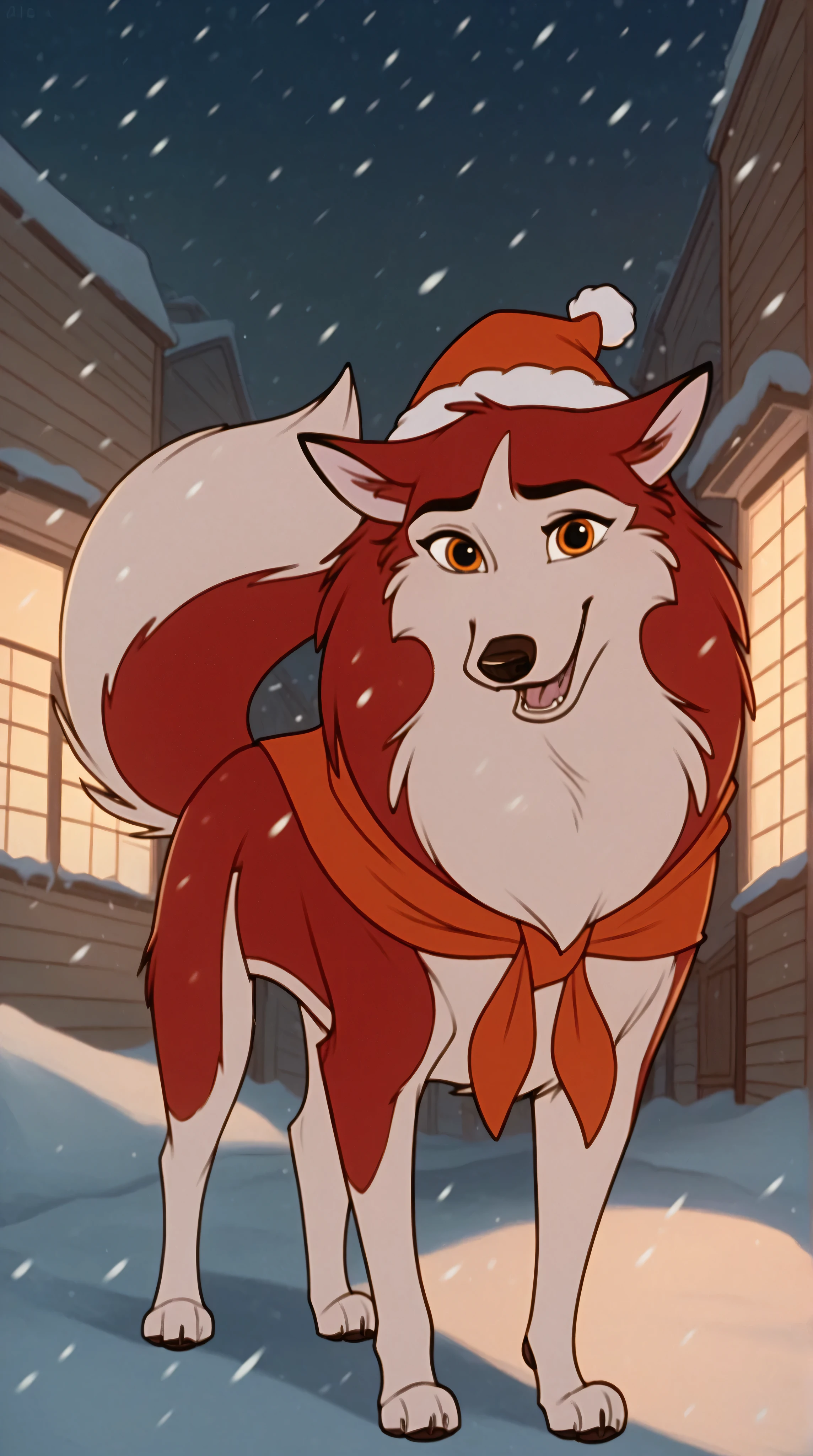 score_9, score_8_up, score_7_up, BREAK,  1girl, jenna\(balto\), solo, open mouth, smile, amber eyes, santa hat, Christmas, neckerchief, two tone fur, red fur, looking at viewer, wearing, Christmas coat, outside, furry female, feral, animalization, tail, furry, body fur, wolf, canine, snowing