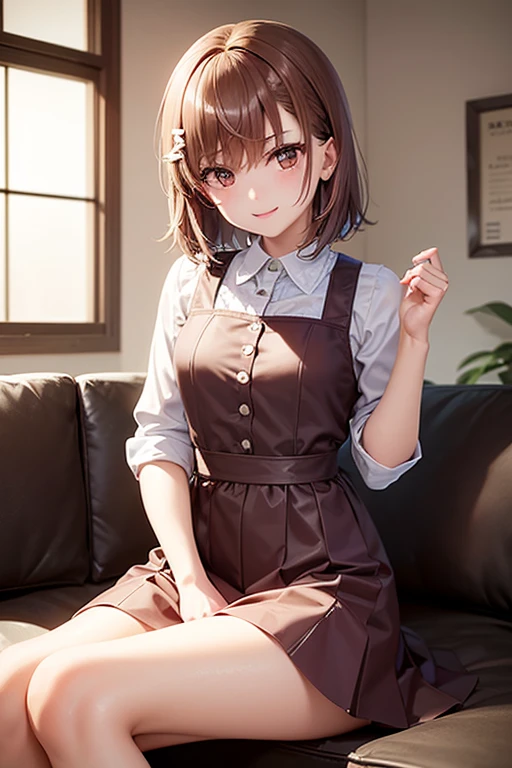 misaka mikoto、 shiny hair,  short hair, ( beautiful brown eyes、)、smile、 super detailed eyes、hair clip, very detailed face,  very detailed eyes,cowboy shot,、( One Girl )、 ,


 top quality 、masterpiece、High sensitivity、 high res、 detailed description 、 slender woman 、glass、 sitting on the couch 、In the middle of a video game、