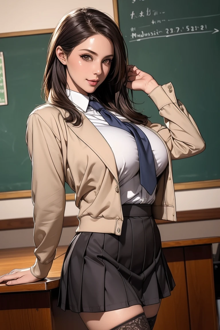 (Morena Baccarin:1.3), (School girl, school uniform:1.3), busty, (muscular, strong muscles, abs, biceps, triceps:1.2), hourglass figure, massive breasts, revealing blouse, wearing a very thin top, transparent outfit, very tiny pleated skirt, very short pleated skirt, (extreme detail, best quality, 8k:1.3), innocent pose, alluring pose, submissive pose