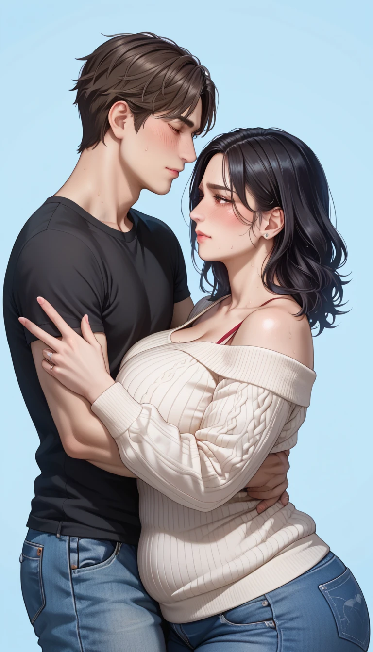 source realistic, couples after insertion、Mother and young boy  、Clothing、 with incredibly big breasts、Heavy chest、 very big butt、Glamour、 chubby、 plump 、 black hair、Puzzled、blush、sweating、 V neck sweater、jeans、Small wrinkles around the mouth 、 small wrinkles around the eyes 、 boy hugging a woman from behind、upper body、looking away, masterpiece, anatomically correct, super detail, high details, high quality, best quality, highres, 8k
