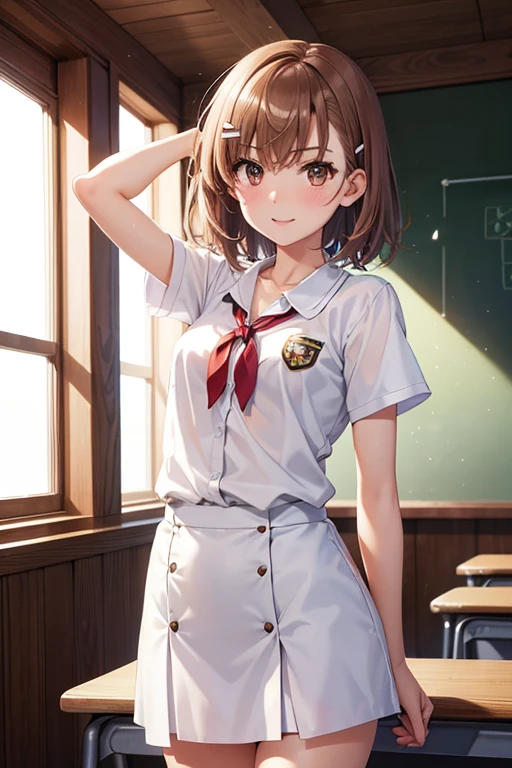 misaka mikoto、 shiny hair,  short hair, ( beautiful brown eyes、)、smile、 super detailed eyes、((hair clip)), very detailed face,  very detailed eyes,cowboy shot,、( One Girl )、 ,


score_9, score_8_ up, score_7_ up,  Source_Anime,  top quality , masterpiece,  Official Art,  absurd,  high res,  Ultra Details,Wife 2x,collection: A slice of life,break, 1 girl,  very short hair , pixie cut ,  long bangs, glass, uniform,  small breasts, sweat,  open your mouth, ( wavy mouse:0.3), indoor,  School classroom, summer, break,(  clear line illustration  :1.2),とても high res,  Very Aesthetic, s uper detailed skin,  Best Sex Lighting Made By Famous Artists, 8k,Cute photos,beauty illustration,photoshop_( medium ),,( detailed lighting ),best Anime 8k konachan wallpaper,  pixiv contest winning work , 