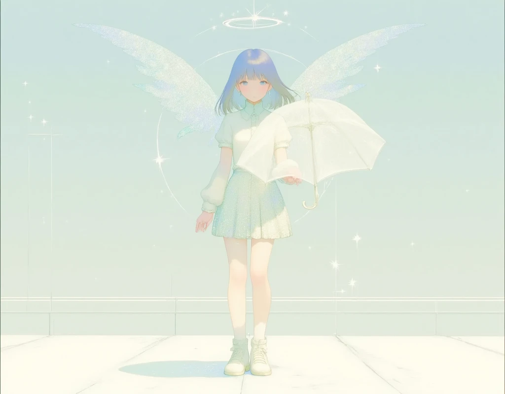 masterpiece, white silhouette art , white shrine (((maiden))) with angel wings ,((she has a umbrella joyful )),from side ,Beautiful design, angelic atmosphere , bright image, glittering particles, shiny, soft color, kawaii anime, cute illustration, angell dust falling, fancy style,high details 