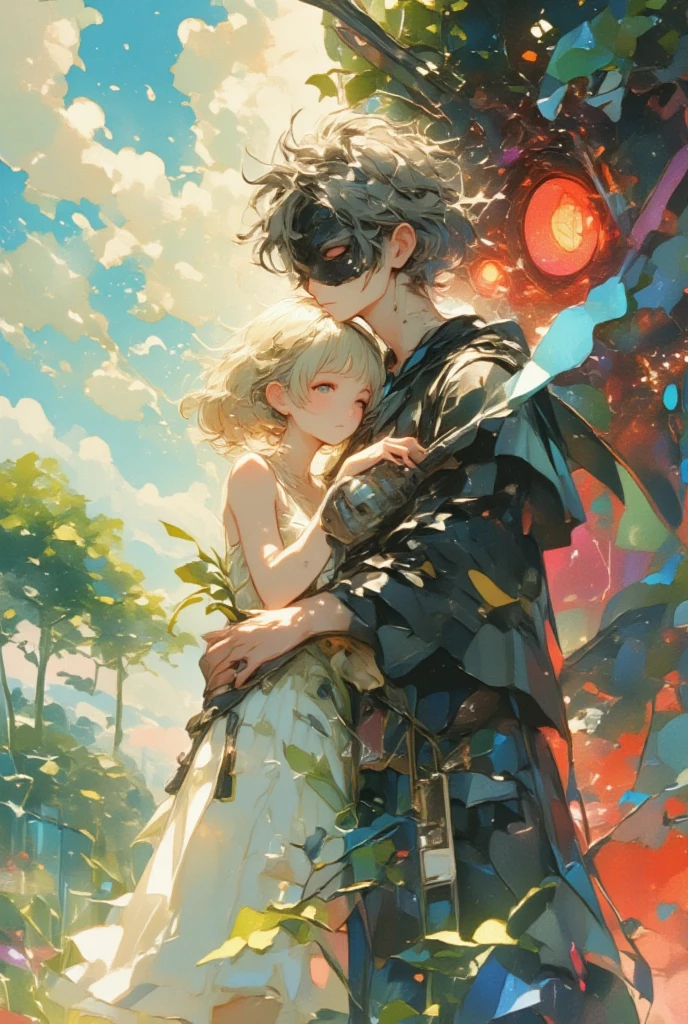 ((UHD, masterpiece, anatomically correct, textured skin, super detail, high details, best quality, highres icon)), fantastic watercolor illustration :1.3, Bobbed Girl\Flaxen Hair\ White Neat Dress \ BREAK with his shoulders sticking out and the masked man hugging a girl from behind\ gray hair\Curly hair\ installer with electric drill \Black Robe \ The left side of the background is beautiful ,  It's a paradise landscape composed of green, blue, and orange ,  The right side of the background is a blur that embodies hell 々 It's a scene made up of red and black 