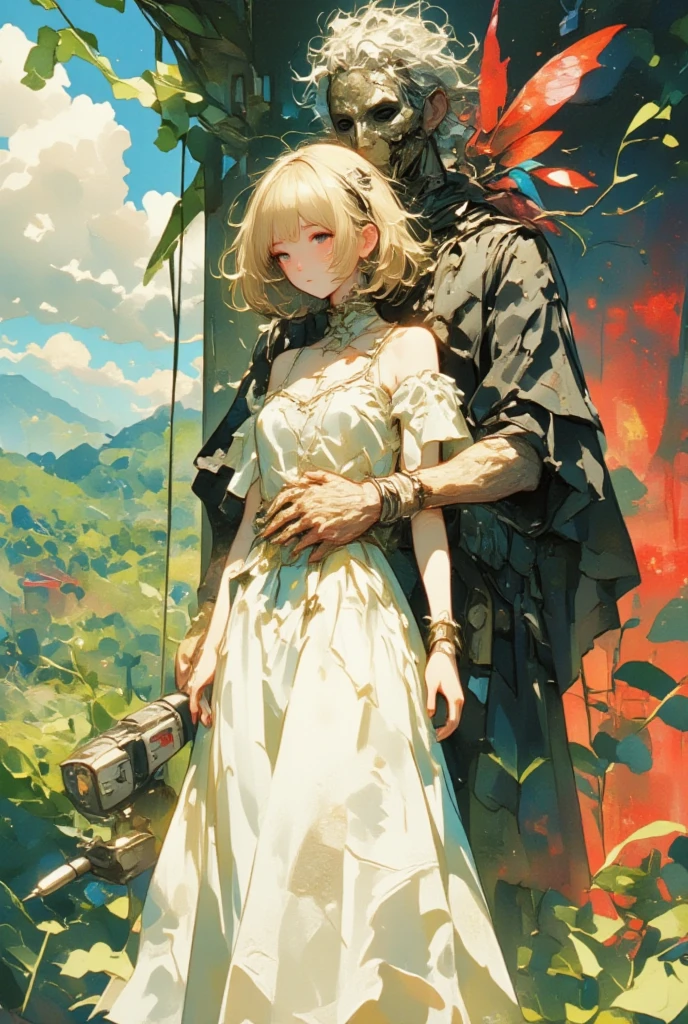 ((UHD, masterpiece, anatomically correct, textured skin, super detail, high details, best quality, highres icon)), fantastic watercolor illustration :1.3, Bobbed Girl\Flaxen Hair\ White Neat Dress \ BREAK with his shoulders sticking out and the masked man hugging a girl from behind\ gray hair\Curly hair\ installer with electric drill \Black Robe \ The left side of the background is beautiful ,  It's a paradise landscape composed of green, blue, and orange ,  The right side of the background is a blur that embodies hell 々 It's a scene made up of red and black 