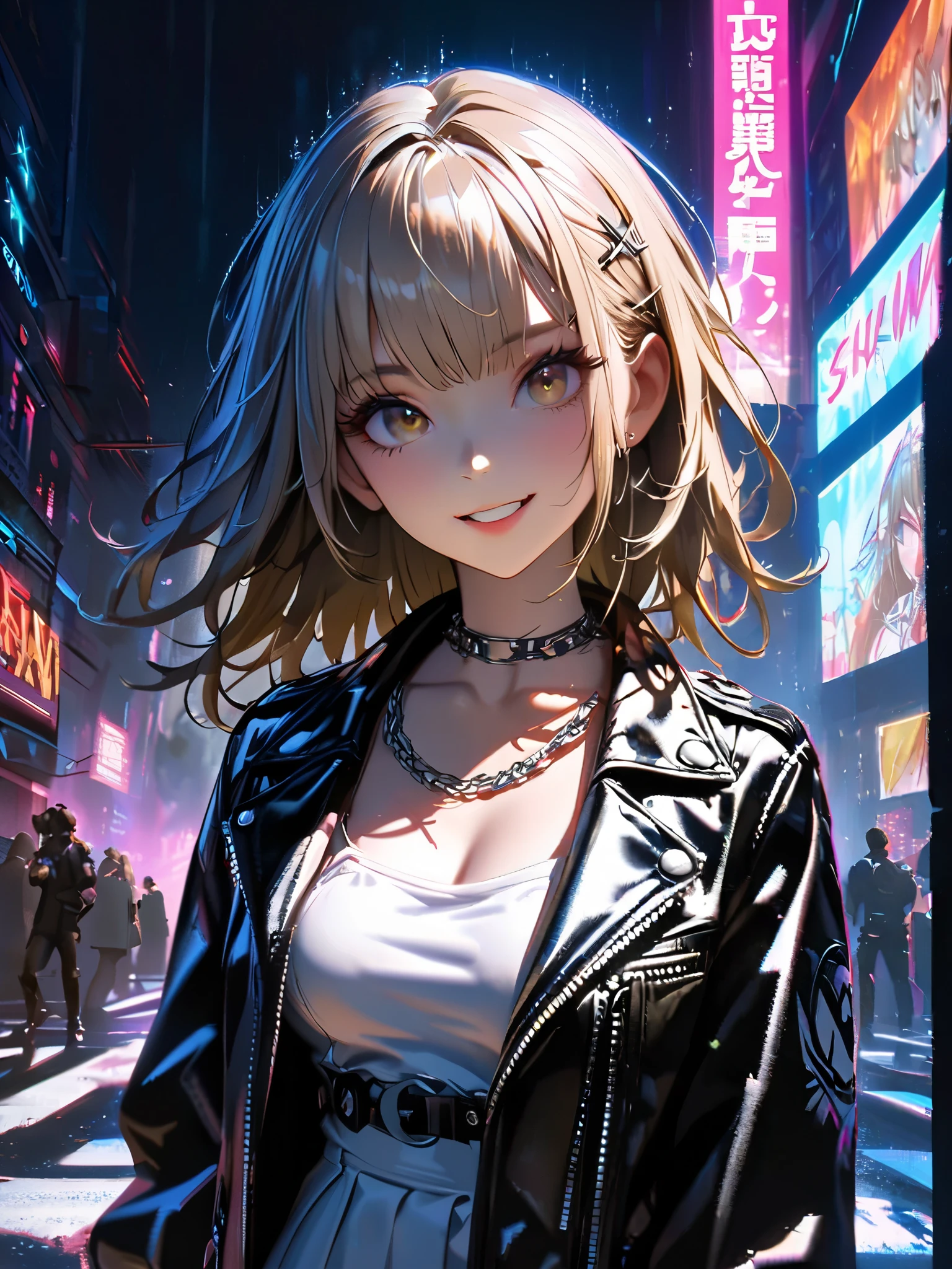 Anime girl in a black leather jacket standing in a city - SeaArt AI