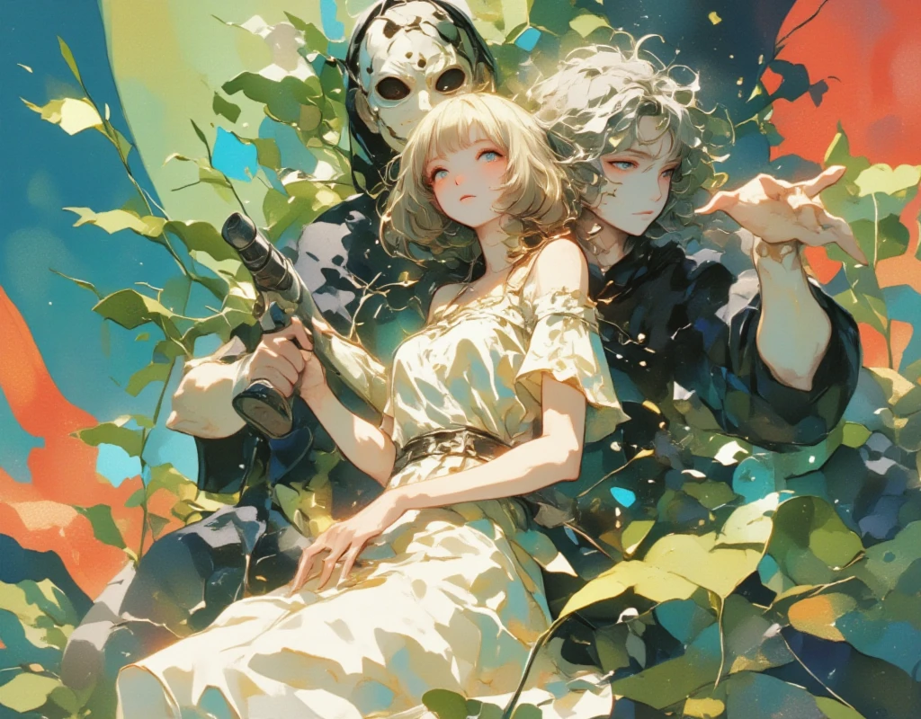 ((UHD, masterpiece, anatomically correct, textured skin, super detail, high details, best quality, highres icon)), fantastic watercolor illustration :1.3, Bobbed Girl\Flaxen Hair\ White Neat Dress \ BREAK with his shoulders sticking out and the masked man hugging a girl from behind\ gray hair\Curly hair\ installer with electric drill \Black Robe \ The left side of the background is beautiful ,  It's a paradise landscape composed of green, blue, and orange ,  The right side of the background is a blur that embodies hell 々 It's a scene made up of red and black 