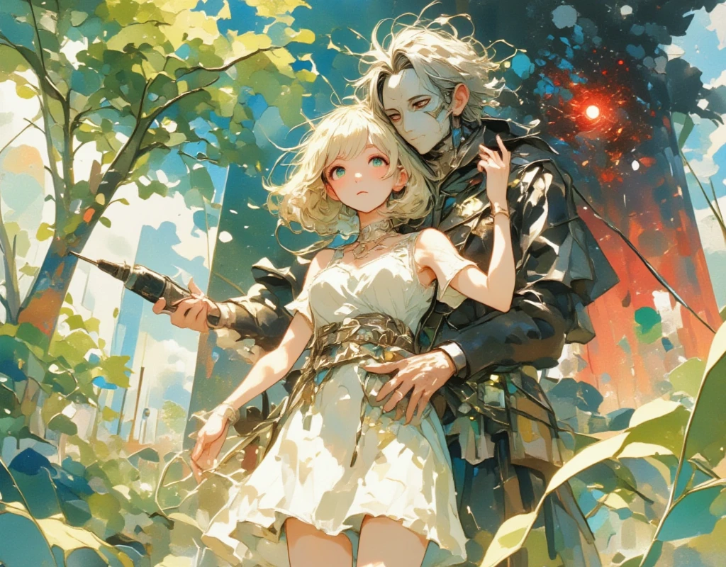 ((UHD, masterpiece, anatomically correct, textured skin, super detail, high details, best quality, highres icon)), fantastic watercolor illustration :1.3, Bobbed Girl\Flaxen Hair\ White Neat Dress \ BREAK with his shoulders sticking out and the masked man hugging a girl from behind\ gray hair\Curly hair\ installer with electric drill \Black Robe \ The left side of the background is beautiful ,  It's a paradise landscape composed of green, blue, and orange ,  The right side of the background is a blur that embodies hell 々 It's a scene made up of red and black 