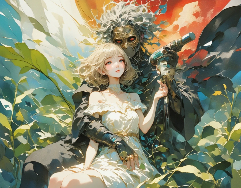 ((UHD, masterpiece, anatomically correct, textured skin, super detail, high details, best quality, highres icon)), fantastic watercolor illustration :1.3, Bobbed Girl\Flaxen Hair\ White Neat Dress \ BREAK with his shoulders sticking out and the masked man hugging a girl from behind\ gray hair\Curly hair\ installer with electric drill \Black Robe \ The left side of the background is beautiful ,  It's a paradise landscape composed of green, blue, and orange ,  The right side of the background is a blur that embodies hell 々 It's a scene made up of red and black 