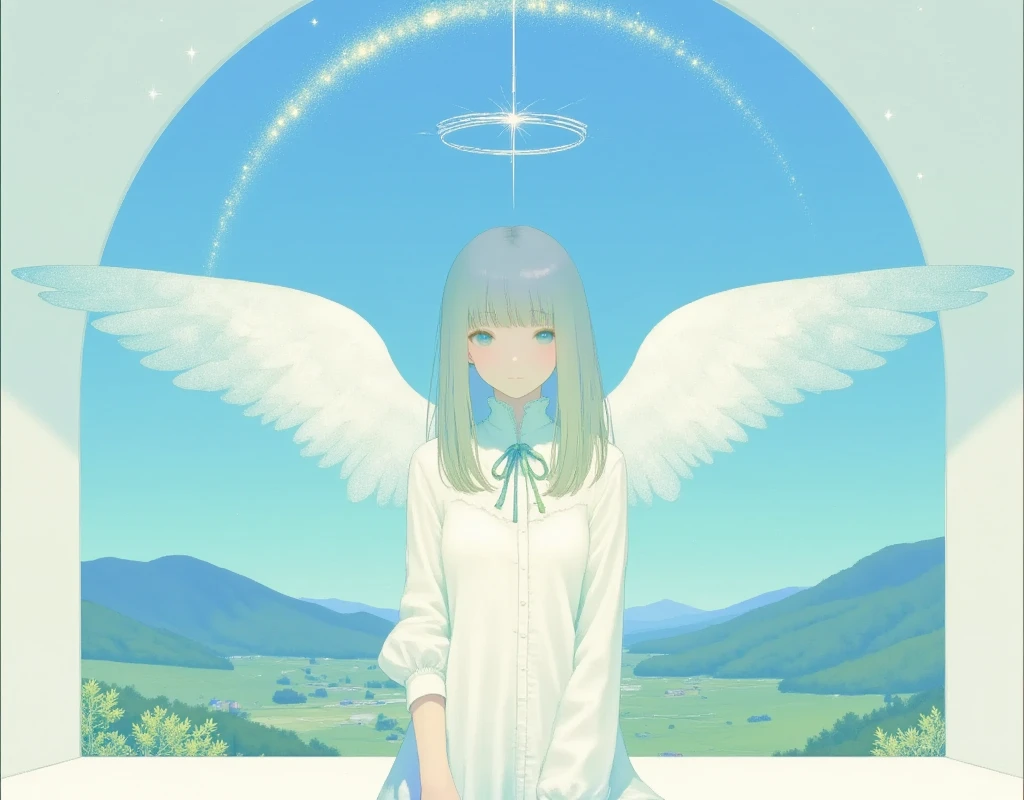 masterpiece, white silhouette art , white shrine (((maiden))) with angel wings ,((She's holding an umbrella , The magic rain is falling )),from side ,Beautiful design, angelic atmosphere , bright image, glittering particles, shiny, soft color, kawaii anime, cute illustration, angell dust falling, fancy style,high details
