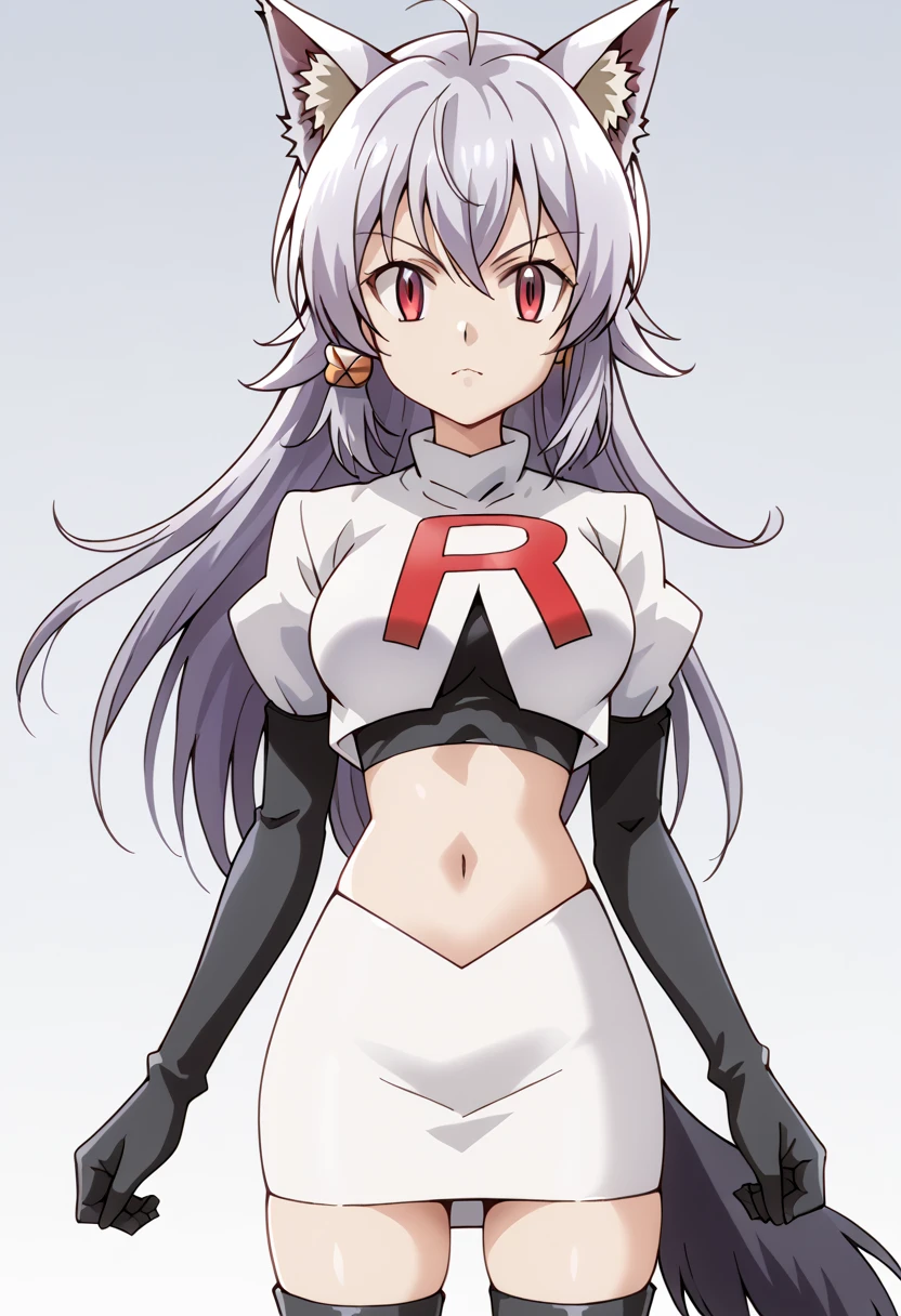 team rocket,team rocket uniform,white skirt,red letter R,crop top,black thigh-highs,black elbow gloves, cowboy shot, ag-wolfbete, wolf tail, medium breasts, 1girl, solo, skinny, masterpiece, high quality,score_9, score_8_up, score_7_up, source_anime, anime, anime style 