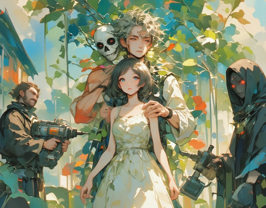 ((UHD, masterpiece, anatomically correct, textured skin, super detail, high details, best quality, highres icon, Detailed and precise manual expression:1.3)), fantastic watercolor illustration :1.3, Bobbed Girl\Flaxen Hair\ White Neat Dress \ BREAK with his shoulders sticking out and the masked man hugging a girl from behind\ gray hair\Curly hair\ installer with electric drill \Black Robe \ The left side of the background is beautiful ,  It's a paradise landscape composed of green, blue, and orange ,  The right side of the background is a blur that embodies hell 々 It's a scene made up of red and black 