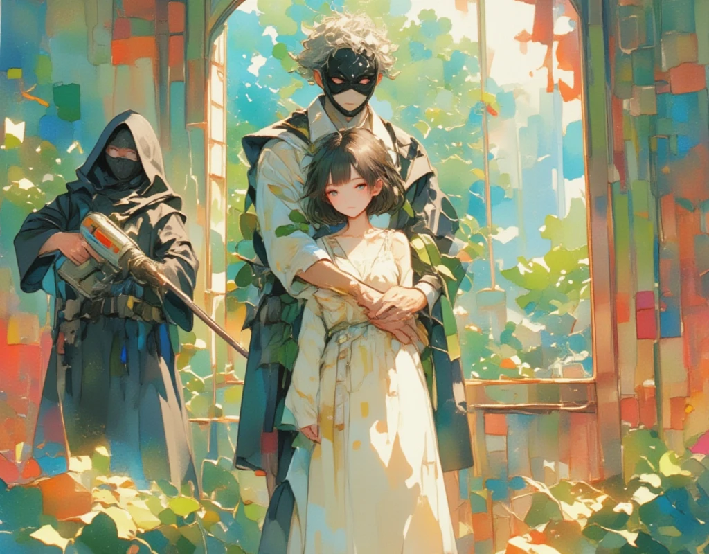 ((UHD, masterpiece, anatomically correct, textured skin, super detail, high details, best quality, highres icon, Detailed and precise manual expression:1.3)), fantastic watercolor illustration :1.3, Bobbed Girl\Flaxen Hair\ White Neat Dress \ BREAK with his shoulders sticking out and the masked man hugging a girl from behind\ gray hair\Curly hair\ installer with electric drill \Black Robe \ The left side of the background is beautiful ,  It's a paradise landscape composed of green, blue, and orange ,  The right side of the background is a blur that embodies hell 々 It's a scene made up of red and black 