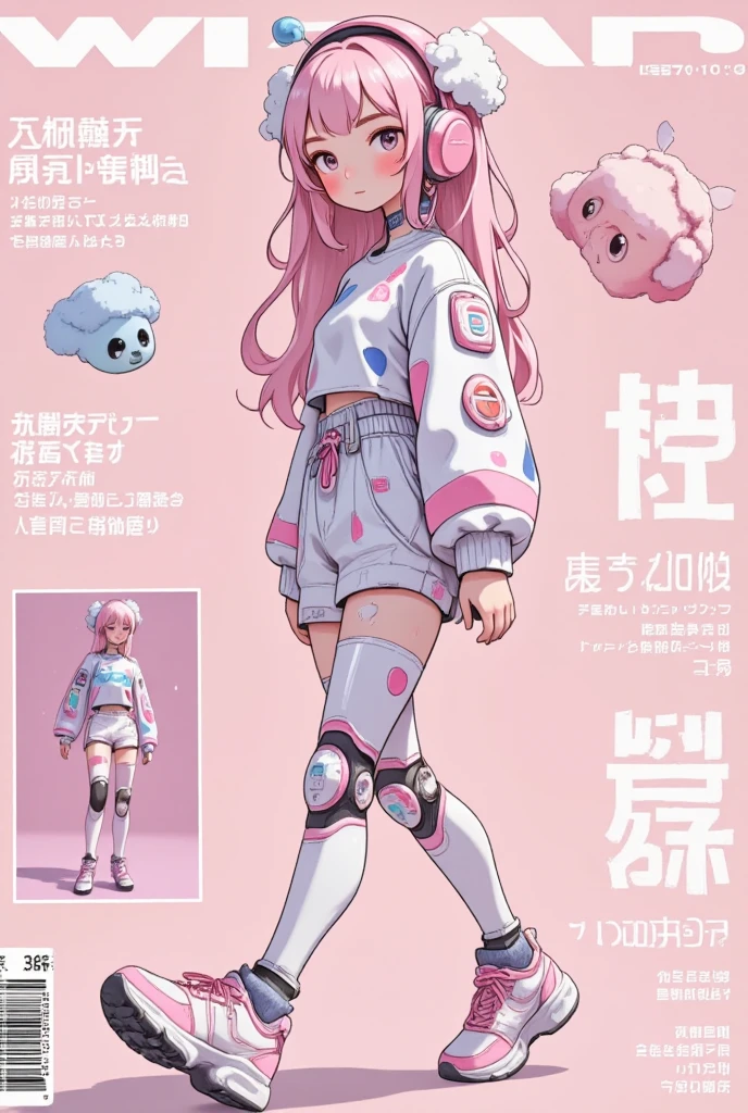 pink headphone-themed character,  wear big sneakers ,  cyberpunk,  background is easy to keep ,, Pale  pink hair, Cloud Hair,  LIGHT SMILE, Closed Eyes,  pink hair, whole body, magazine cover, magazineデザイン, magazine, Projected Inset, 超 high res,  high res,  top quality , 8k、 enter text 、walk:1.3、Woman looking at camera 、 cute girl、 robot ,
