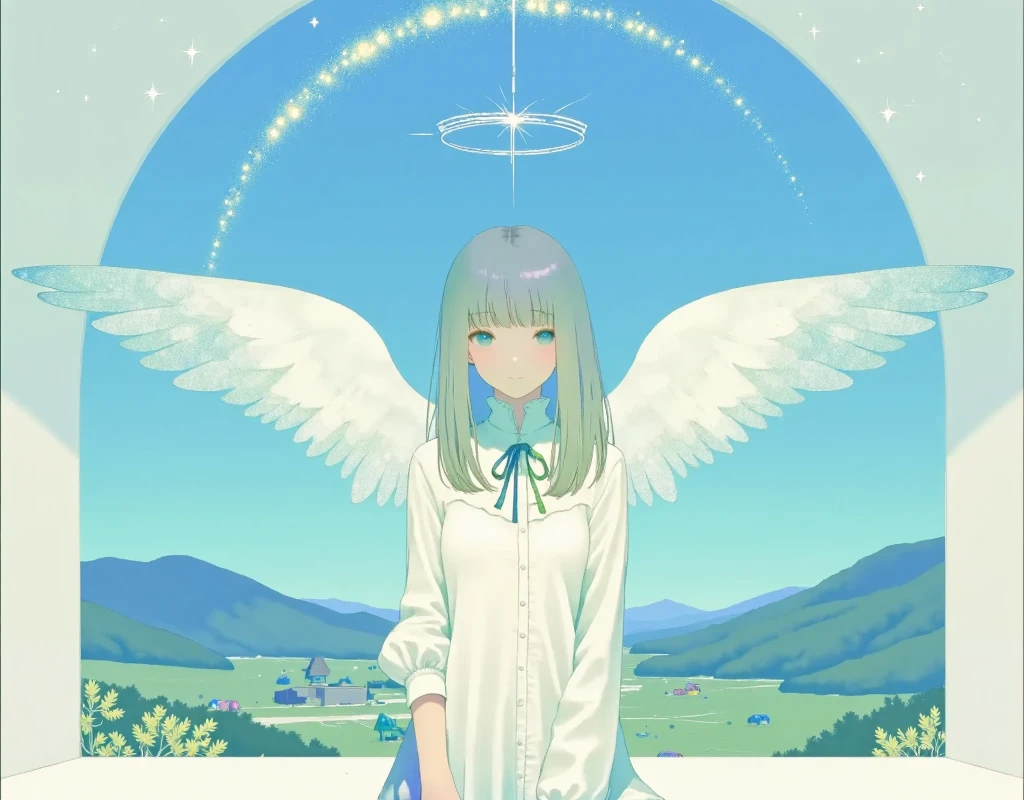 masterpiece, white silhouette art , white shrine (((maiden))) with angel wings ,((She's holding an umbrella , The magic rain is falling )),from side ,Beautiful design, angelic atmosphere , bright image, glittering particles, shiny, soft color, kawaii anime, cute illustration, angell dust falling, fancy style,high details
