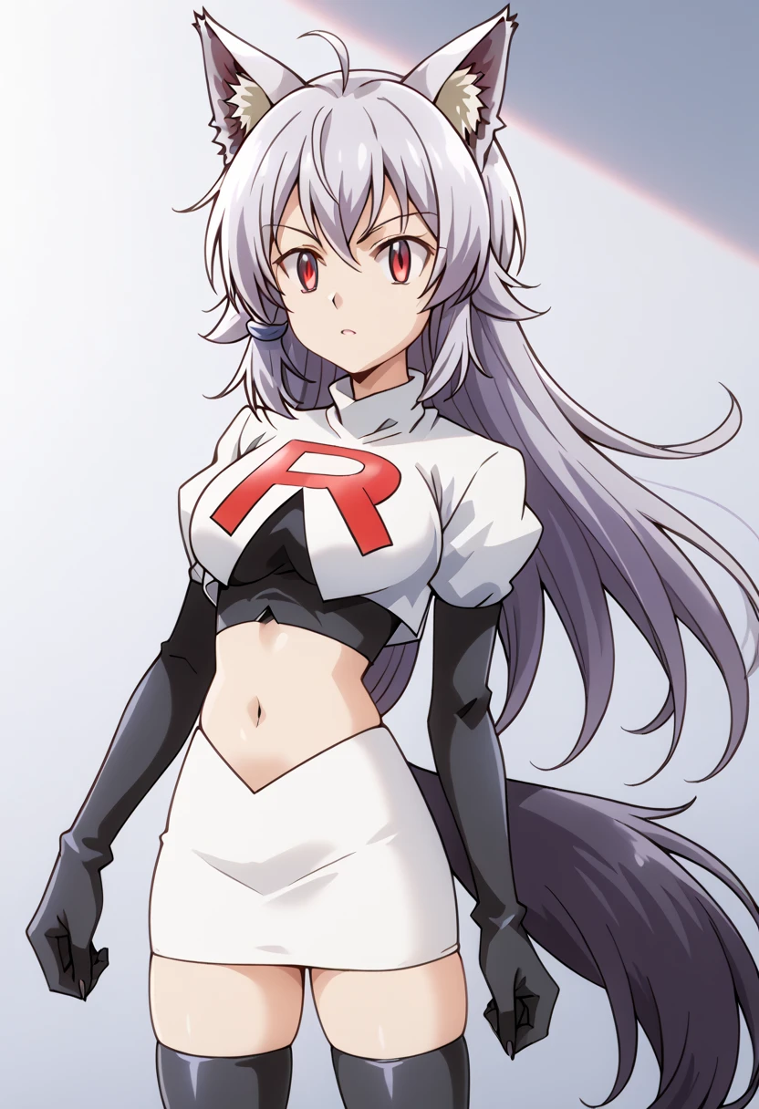 team rocket,team rocket uniform,white skirt,red letter R,crop top,black thigh-highs,black elbow gloves, cowboy shot, ag-wolfbete, wolf tail, medium breasts, 1girl, solo, skinny, masterpiece, high quality,score_9, score_8_up, score_7_up, source_anime, anime, anime style 