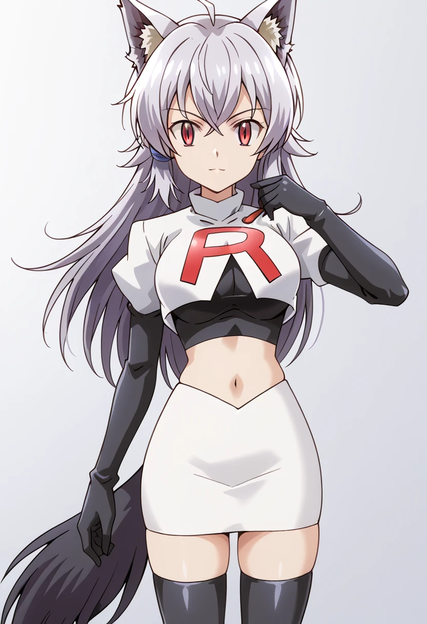 team rocket,team rocket uniform,white skirt,red letter R,crop top,black thigh-highs,black elbow gloves, cowboy shot, ag-wolfbete, wolf tail, medium breasts, 1girl, solo, skinny, masterpiece, high quality,score_9, score_8_up, score_7_up, source_anime, anime, anime style 