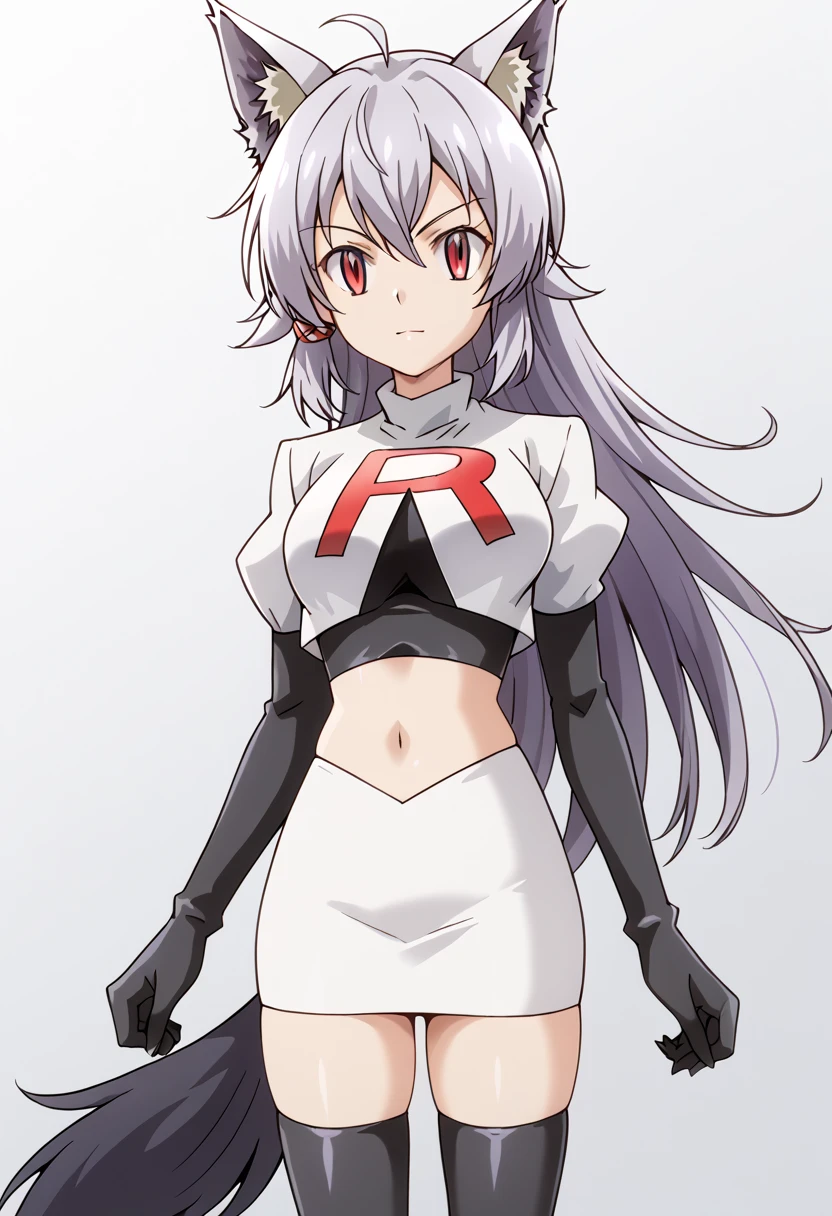 team rocket,team rocket uniform,white skirt,red letter R,crop top,black thigh-highs,black elbow gloves, cowboy shot, ag-wolfbete, wolf tail, medium breasts, 1girl, solo, skinny, masterpiece, high quality,score_9, score_8_up, score_7_up, source_anime, anime, anime style 