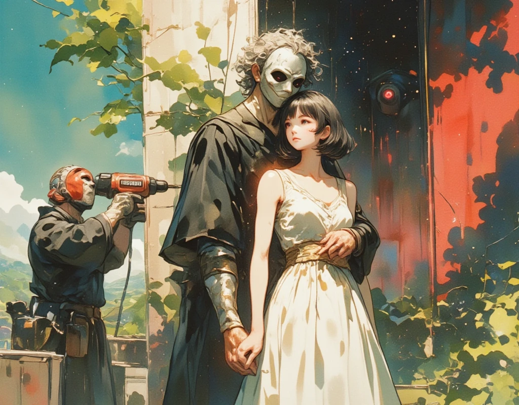 ((UHD, masterpiece, anatomically correct, textured skin, super detail, high details, best quality, highres icon, Detailed and precise manual expression:1.3)), fantastic watercolor illustration :1.3, Bobbed Girl\Flaxen Hair\ White Neat Dress \ BREAK with his shoulders sticking out and the masked man hugging a girl from behind\ gray hair\Curly hair\ installer with electric drill \Black Robe \ The left side of the background is beautiful ,  It's a paradise landscape composed of green, blue, and orange ,  The right side of the background is a blur that embodies hell 々 It's a scene made up of red and black 