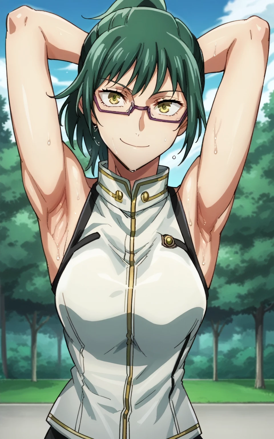 score_9, score_8_up, score_7_up, source_anime, anime screencap, 1girl, solo, Maki Zenin, yellow eyes, green hair, ponytail hair, glasses , large breasts, alisa god eater outfit, arms behind head, armpits, looking at viewer, head towards viewer, smile, badhandv4, outdoors, park, bare shoulders, bare arms, closed mouth, sweaty armpits