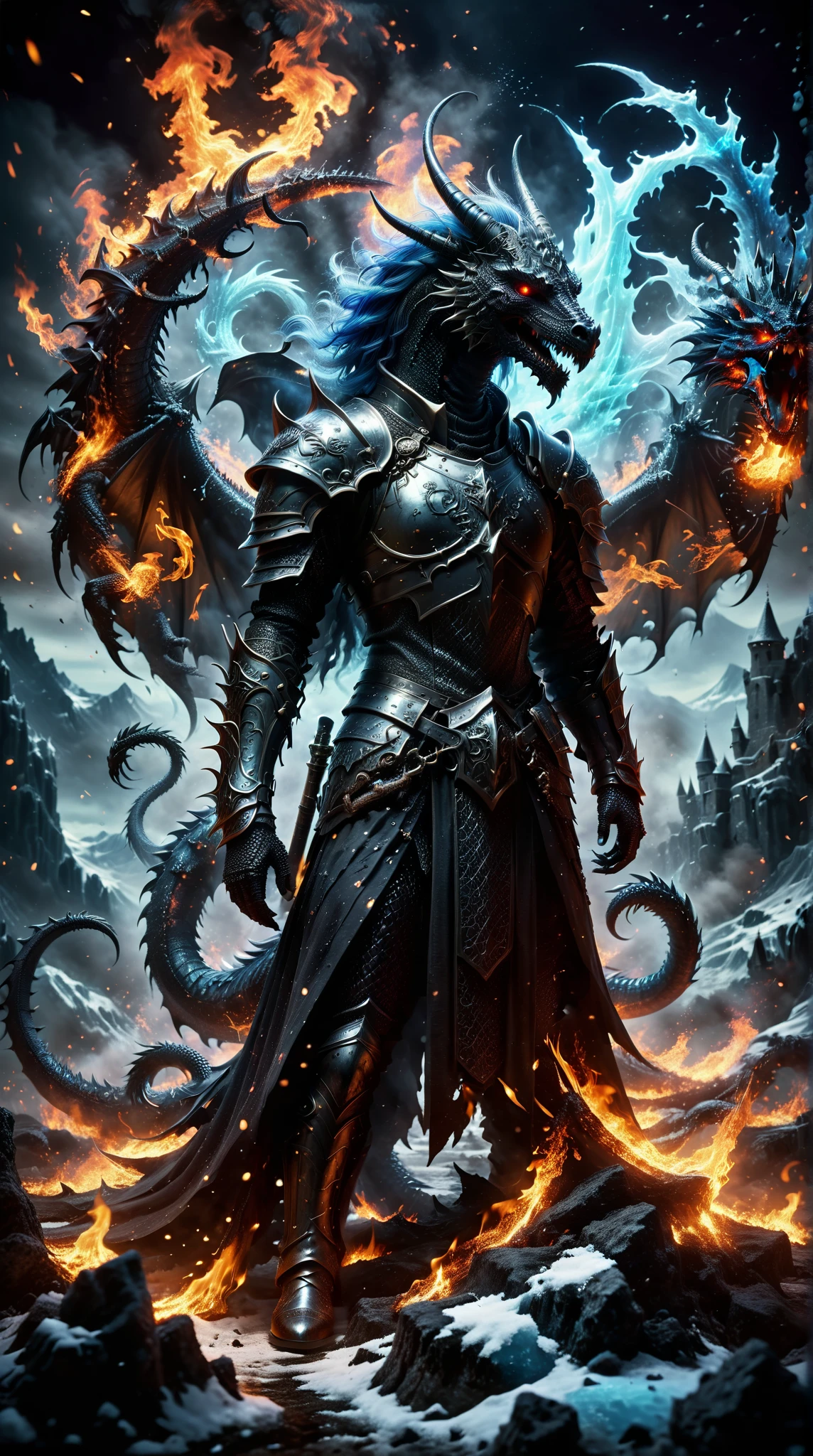  A dead female Sacred Ring Knight ， a headless black dragon with a head displayed ，The fiery breath of death ，Black flame，head， Light Blue Eyes， on an ancient mysterious frozen magical battlefield