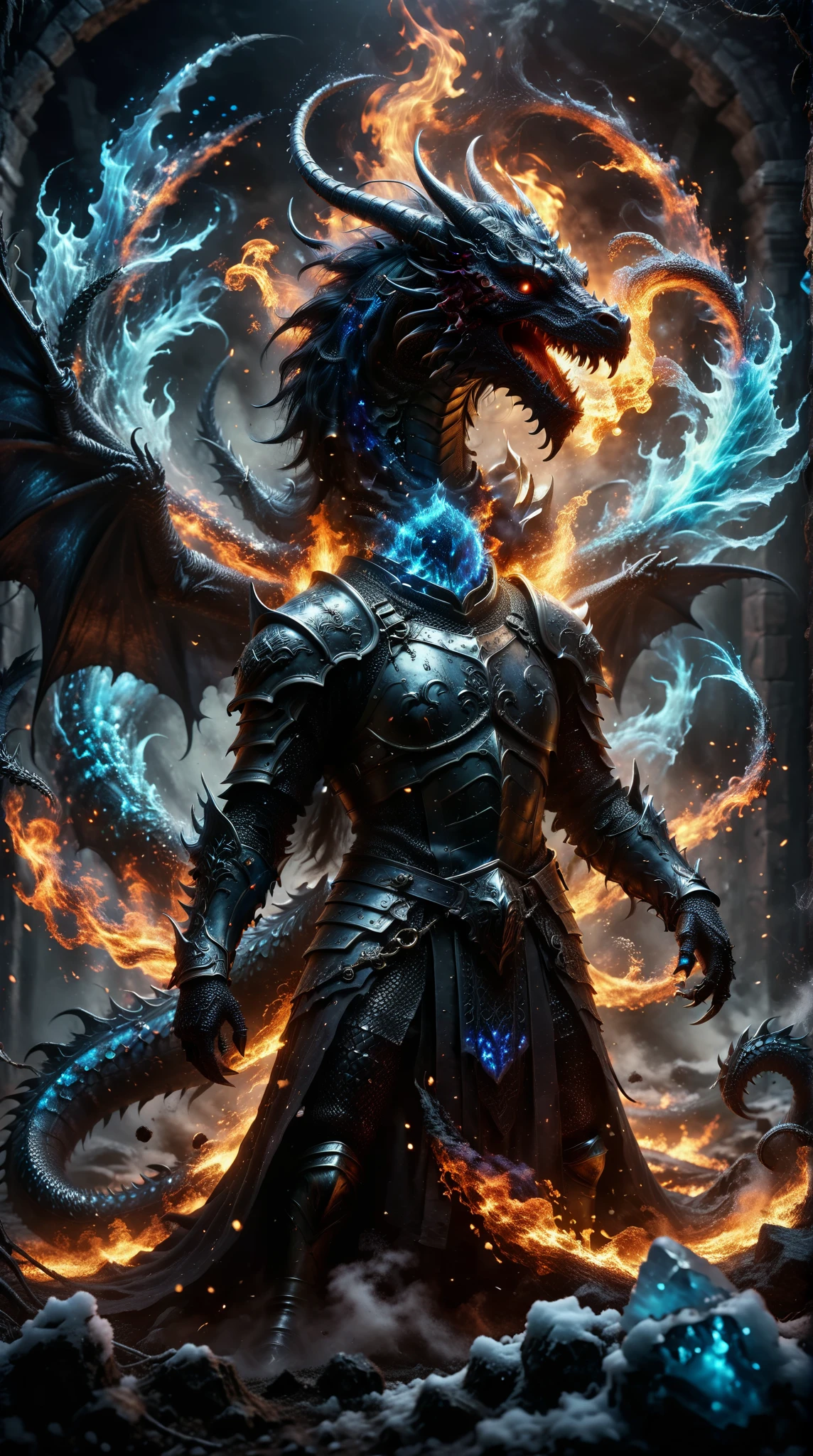  A dead female Sacred Ring Knight ， a headless black dragon with a head displayed ，The fiery breath of death ，Black flame，head， Light Blue Eyes， on an ancient mysterious frozen magical battlefield