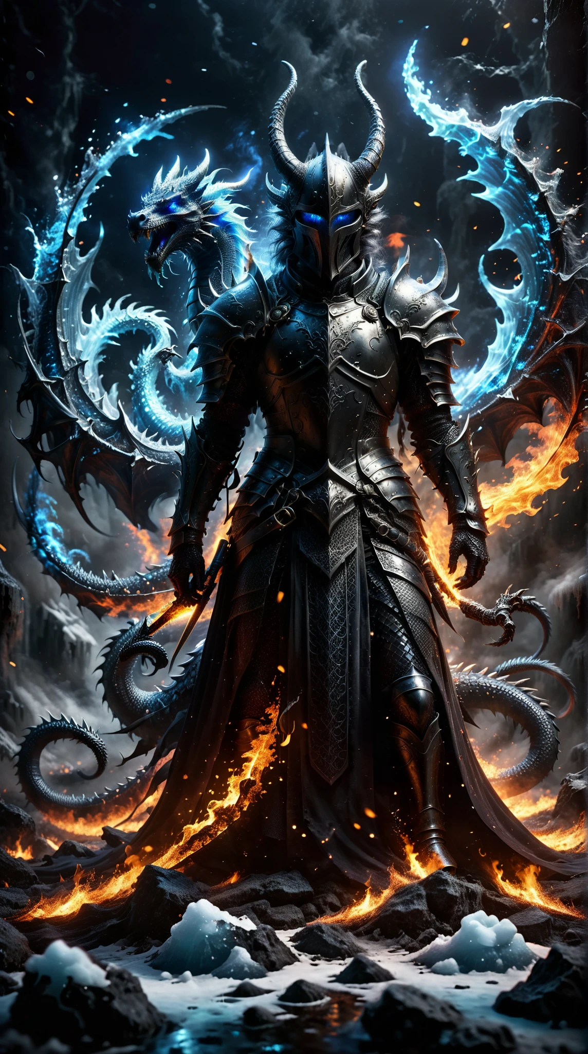  A dead female Sacred Ring Knight ， a headless black dragon with a head displayed ，The fiery breath of death ，Black flame，head， Light Blue Eyes， on an ancient mysterious frozen magical battlefield