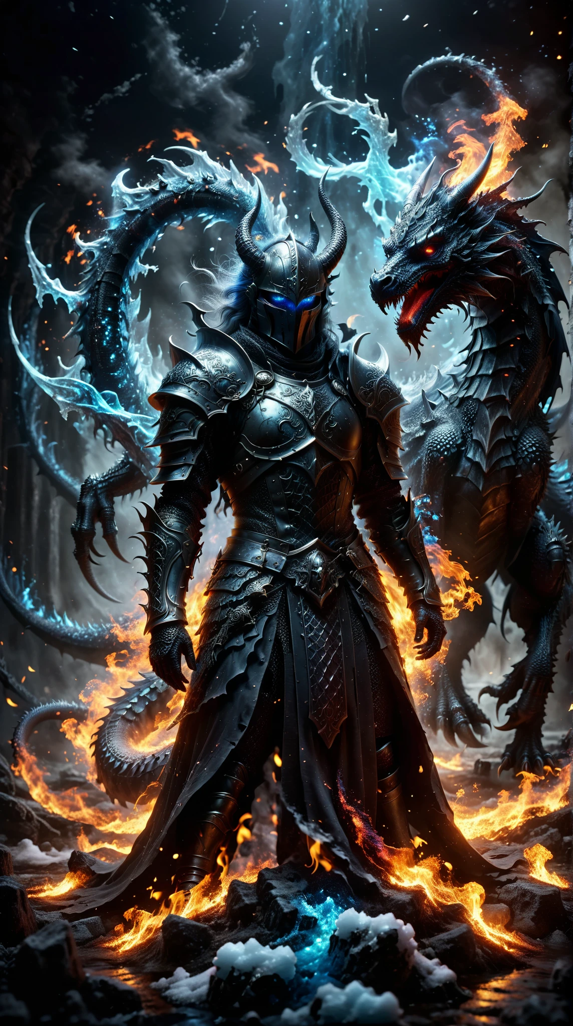  A dead female Sacred Ring Knight ， a headless black dragon with a head displayed ，The fiery breath of death ，Black flame，head， Light Blue Eyes， on an ancient mysterious frozen magical battlefield