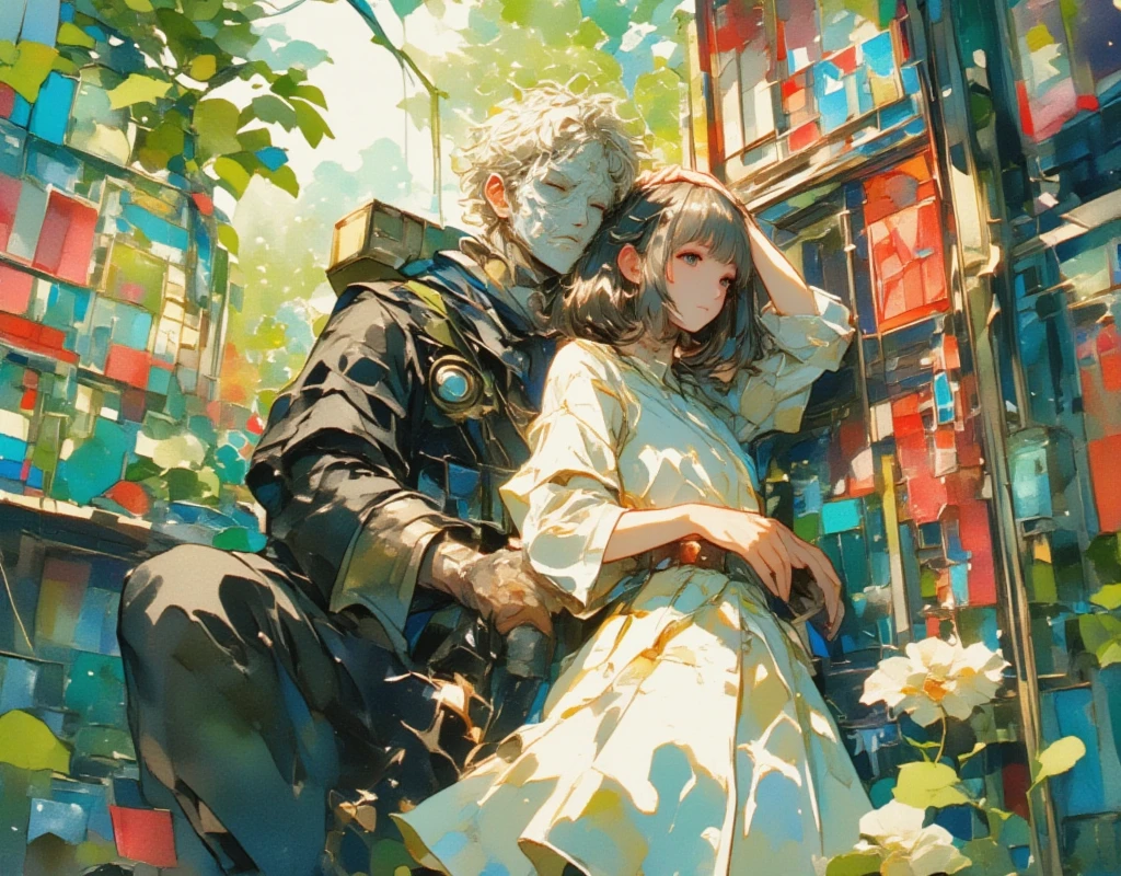 ((UHD, masterpiece, anatomically correct, textured skin, super detail, high details, best quality, highres icon, Detailed and precise manual expression:1.3)), fantastic watercolor illustration :1.3, Bobbed Girl\Flaxen Hair\ White Neat Dress \ BREAK with his shoulders sticking out and the masked man hugging a girl from behind\ gray hair\Curly hair\ installer with electric drill \Black Robe \ The left side of the background is beautiful ,  It's a paradise landscape composed of green, blue, and orange ,  The right side of the background is a blur that embodies hell 々 It's a scene made up of red and black 